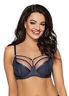 Soft cup bra, straps over bust, mesh inlay